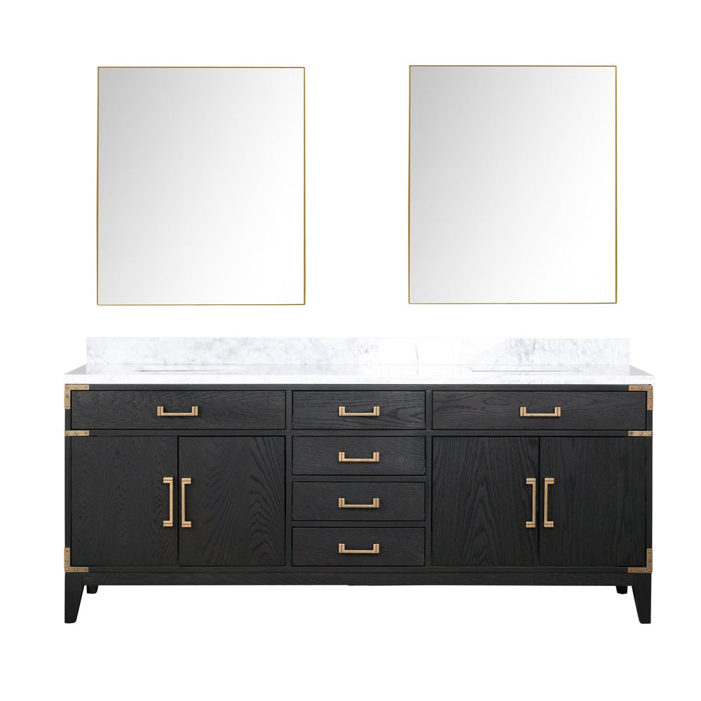 English Elm Black Oak Double Bath Vanity With Carrara Marble Top, Soft-Close Storage & 36" Mirrors Included B2731S02155