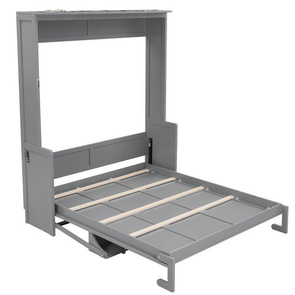 English Elm Queen Murphy Bed with Desk, Built-In LED Lights, USB Charging Ports & Space-Saving Modern Design Gray N7500004014E