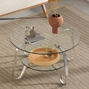 English Elm Retro Industrial Square Coffee Table Dual Tier Tempered Glass and Metal Frame Living Room W3875P391118