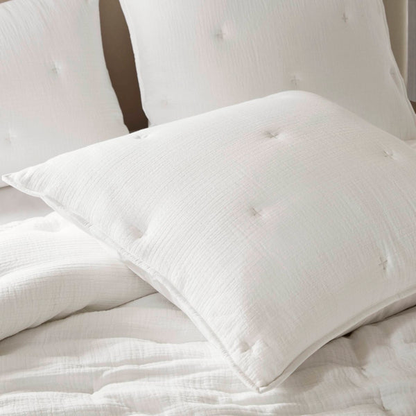 English Elm 3-piece Cotton Muslin Quilt Set Crinkled Texture Embroidered Tacking Breathable Bedding White B035P408347