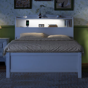 English Elm Full Size Wooden Led Platform Bed With Trundle, Storage Headboard, Usb Ports, And Drawers In White N820S10009K