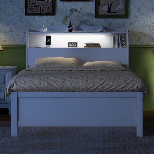 English Elm Full Size Wooden Led Platform Bed With Trundle, Storage Headboard, Usb Ports, And Drawers In White N820S10009K