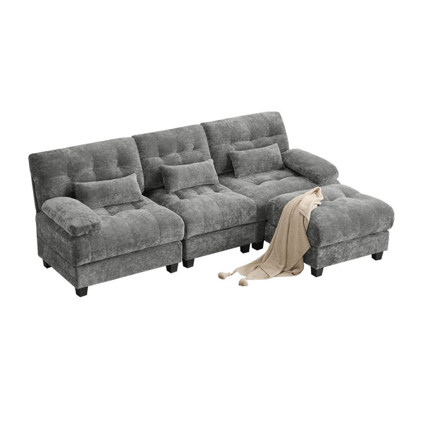 English Elm Ottoman and Chenille Sofa Set with Adjustable Backrest for Relaxed Living Room Comfort Gray W2606P359228