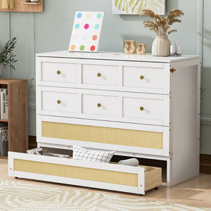 English Elm Full Size Murphy Wall Bed Cabinet with Rattan Panel Detailing and Storage Drawers White N708P336203K