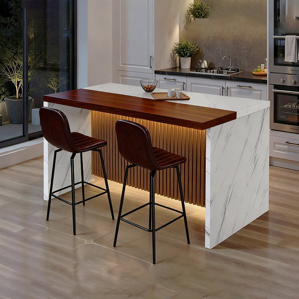 English Elm 63-Inch Modern Kitchen Island Set With Led Lighting & 2 Bar Stools - Elegant Marble Look For Dining W2699S00064