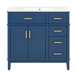 English Elm 36" Navy Bathroom Vanity Solid Wood Frame Ceramic Sink Gold Hardware Soft Close Blue N729P380151C