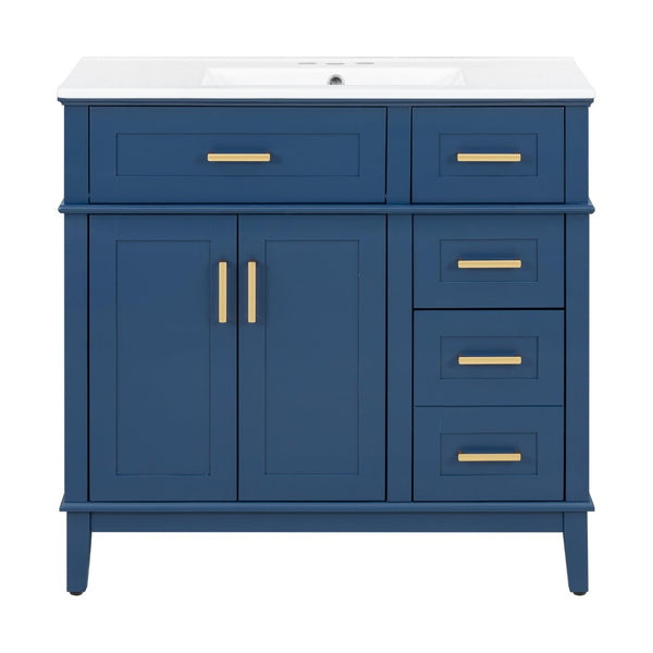English Elm 36" Navy Bathroom Vanity Solid Wood Frame Ceramic Sink Gold Hardware Soft Close Blue N729P380151C