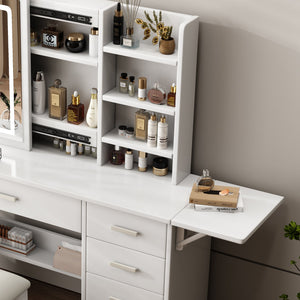 English Elm Fashion Vanity Desk With Adjustable Led Lighting, 5 Drawers, Elegant Mirror & Chair Set For Makeup W509P173272