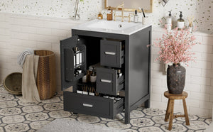 English Elm Modern 24 Inch Bathroom Vanity Solid Wood Cabinet with Ceramic Sink and Soft Close Storage Black N729P292859B