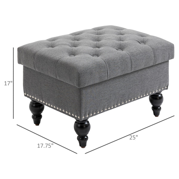 English Elm Homcom Stylish Storage Ottoman - 25" Button-Tufted Gray Bench With Removable Lid & Wood Legs W2225P217738