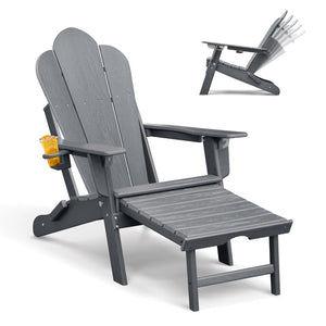 English Elm Folding Outdoor Hdpe Adirondack Chair with Retractable Ottoman for Deck or Patio Grey W1889P450917