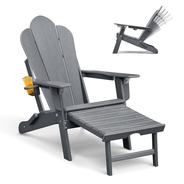 English Elm Folding Outdoor Hdpe Adirondack Chair with Retractable Ottoman for Deck or Patio Grey W1889P450917