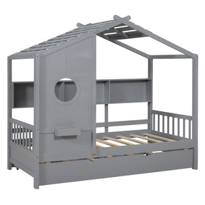 English Elm Wooden Twin House Bed with Trundle and 3 Back Shelves, Pine Frame Playful Loft Design for Kids Gray 41.7 L x 16.25 W x 6 H N733S316110E