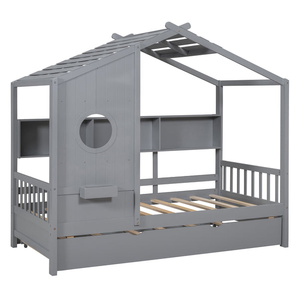 English Elm Wooden Twin House Bed with Trundle and 3 Back Shelves, Pine Frame Playful Loft Design for Kids Gray 41.7 L x 16.25 W x 6 H N733S316110E