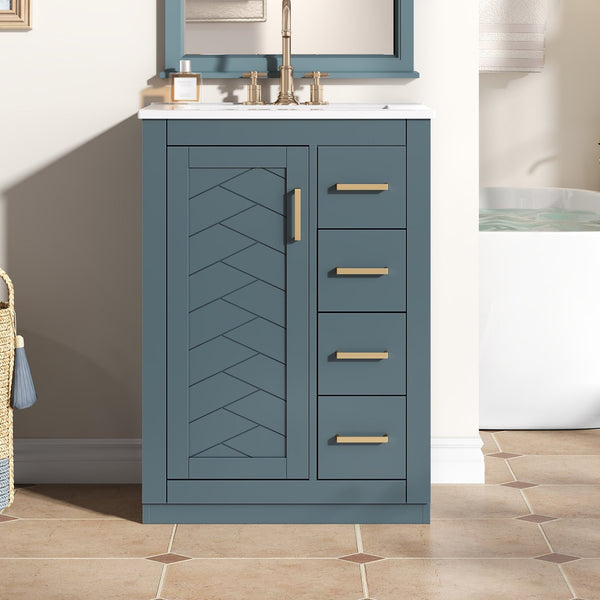 English Elm 24" Bathroom Vanity With Ceramic Sink - Stylish Blue Cabinet, Soft-Close Drawers & Modern Elegance N710P341038C