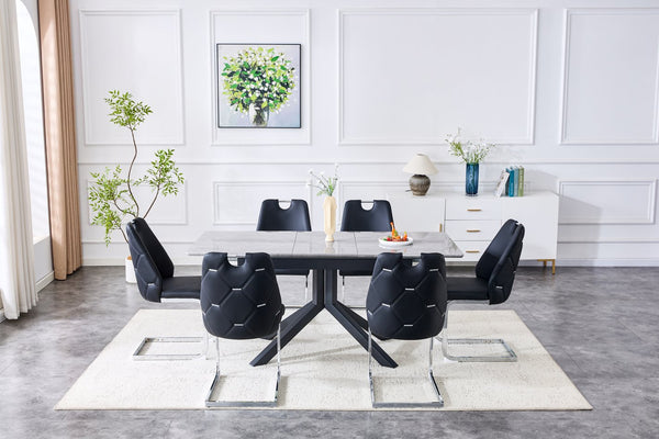 English Elm Modern Extendable Rectangular Dining Table with Scratch‑Resistant MDF Top and Matte Geometric Legs, Space‑Saving Centerpiece for Home or Office W3493S00008