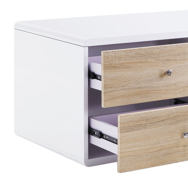 English Elm White White High Gloss 4-Drawer Coffee Table with Pull-Out Table, Contrasting Natural Drawer Fronts and Smooth Metal Glides for Modern Storage Elegance B062P209128