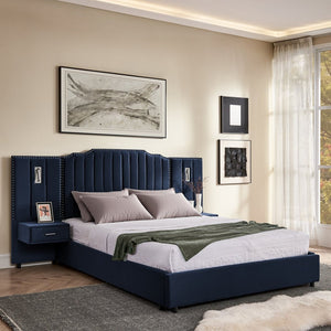 English Elm Queen Velvet Platform Bed with Tufted Headboard Integrated Nightstands and Striped Design Dark Blue W487S00442