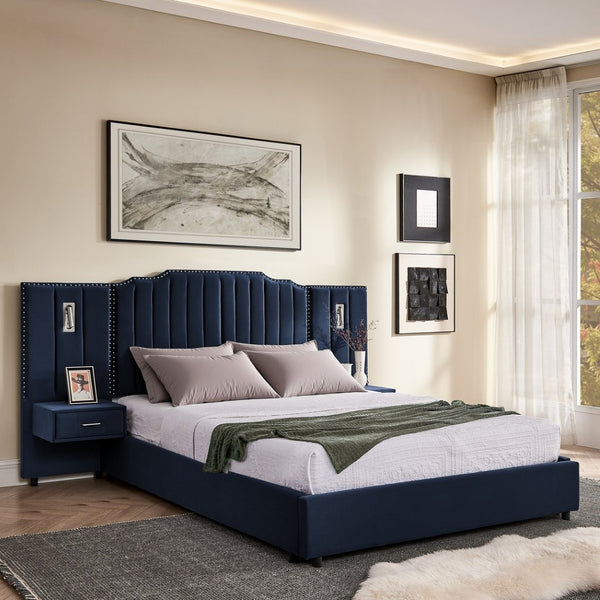 English Elm Queen Velvet Platform Bed with Tufted Headboard Integrated Nightstands and Striped Design Dark Blue W487S00442