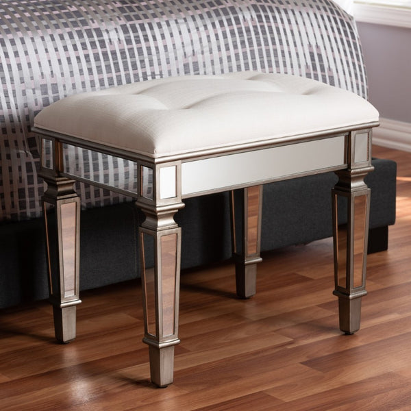 Baxton Studio Baxton Studio Marielle Glamorous Mirrored Ottoman Bench - Vintage Off-White Upholstered Luxury Seat RS2937