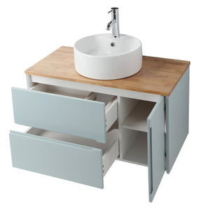English Elm 36-Inch Wall-Mounted Bathroom Vanity With Blue Cabinet, Natural Wood Top & Round Ceramic Sink Design W3151S00011