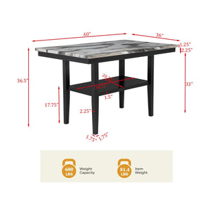 English Elm 60" Counter Height Dining Table with Faux Marble Top, Charcoal Lava Lacquer Finish & Shelf B011P357308