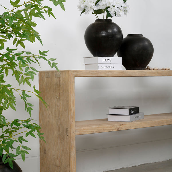 Lilys Waterfall Console Table With Shelf Weathered Natural 88X14X35H 9183