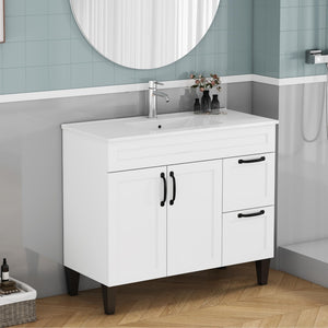 English Elm 39.4-inch White Bathroom Vanity with Sink Soft Close Doors Deep Drawers Black Hardware W3151S00076