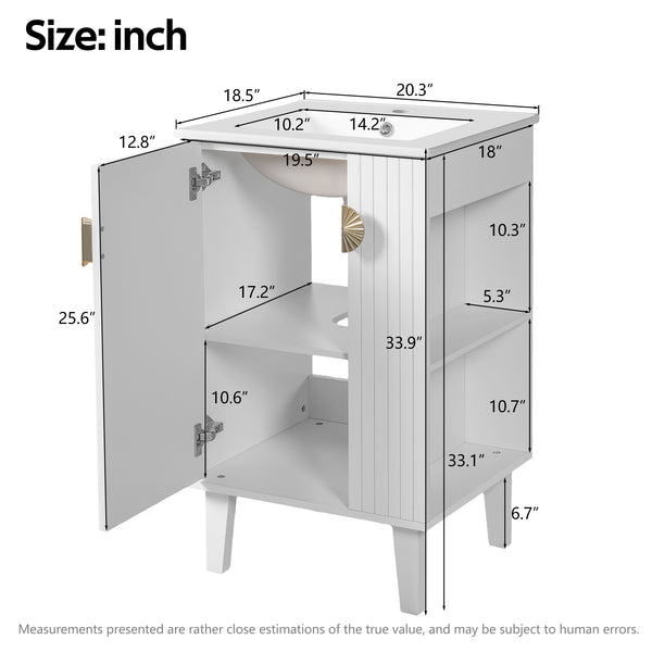 English Elm 20-inch French Style Bathroom Vanity with Integrated Ceramic Sink, Carved Accents & Soft-Close Door White N710P330971K