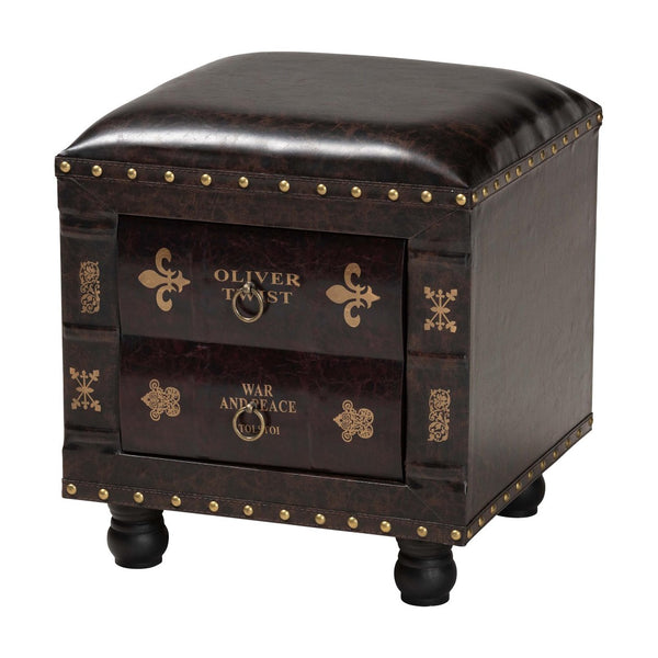 Baxton Studio Baxton Studio Rustic Antique Style Dark Brown Faux Leather Storage Ottoman with Book Spine Drawer HY2A487-Black-Otto