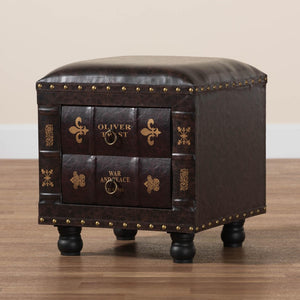 Baxton Studio Baxton Studio Rustic Antique Style Dark Brown Faux Leather Storage Ottoman with Book Spine Drawer HY2A487-Black-Otto