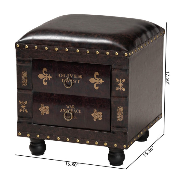 Baxton Studio Baxton Studio Rustic Antique Style Dark Brown Faux Leather Storage Ottoman with Book Spine Drawer HY2A487-Black-Otto