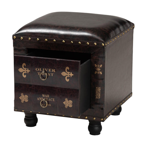 Baxton Studio Baxton Studio Rustic Antique Style Dark Brown Faux Leather Storage Ottoman with Book Spine Drawer HY2A487-Black-Otto