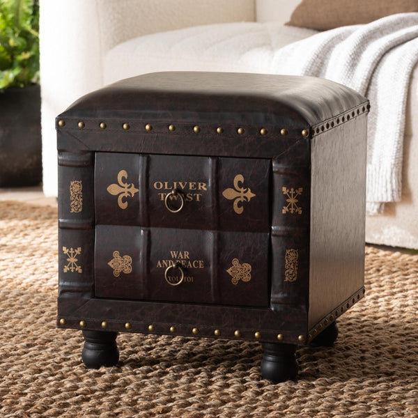Baxton Studio Baxton Studio Rustic Antique Style Dark Brown Faux Leather Storage Ottoman with Book Spine Drawer HY2A487-Black-Otto