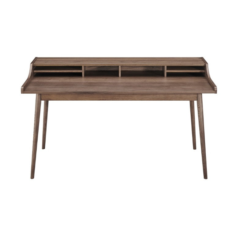 EuroStyle Flavio Writing Desk with Six Open Shelves in Warm Ash and Veneer for Home Offices Walnut 91855-WAL