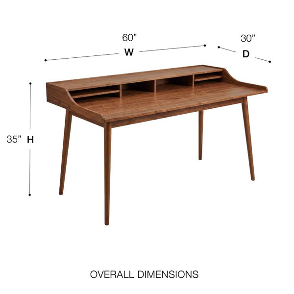 EuroStyle Flavio Writing Desk with Six Open Shelves in Warm Ash and Veneer for Home Offices Walnut 91855-WAL