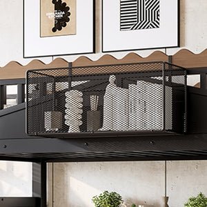 English Elm Twin Xl Metal Loft Bed with Stair Storage Shelves Sturdy Steel Frame for Dorms W1580S00377