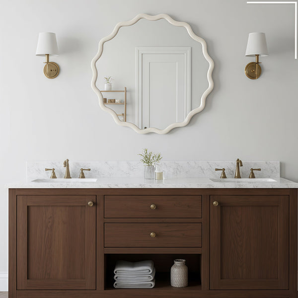 English Elm White 30 Inch Wavy Round Solid Wood Frame Mirror - Boho Elegant Tempered Glass Vanity Decor W2203P389084