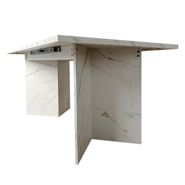 English Elm Extendable Faux Marble Dining Table with V-Legs — Sleek Expandable Conference & Kitchen Centerpiece for 6–10 White W1347S00015