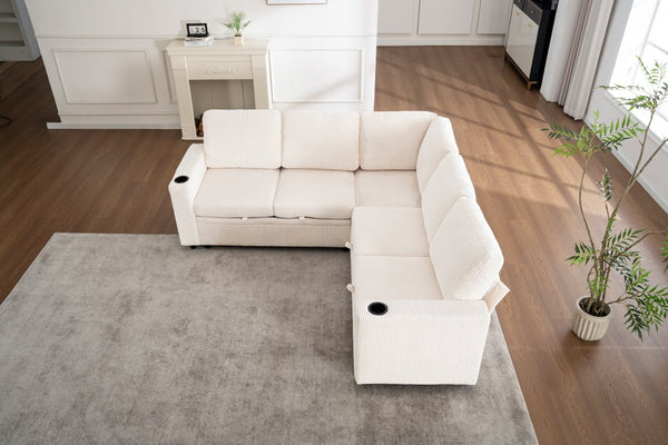 English Elm Sectional Corduroy Sleeper Sofa with Storage and Charging Ports for Small Spaces White W1361S00075