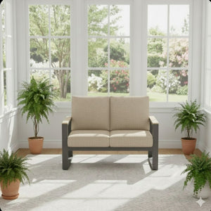 English Elm 52" Powder-coated Aluminum Outdoor Loveseat with Ergonomic Recline and Foam Cushions Beige+Black B082P455137