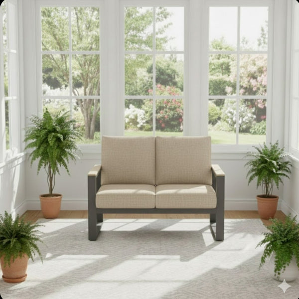 English Elm 52" Powder-coated Aluminum Outdoor Loveseat with Ergonomic Recline and Foam Cushions Beige+Black B082P455137