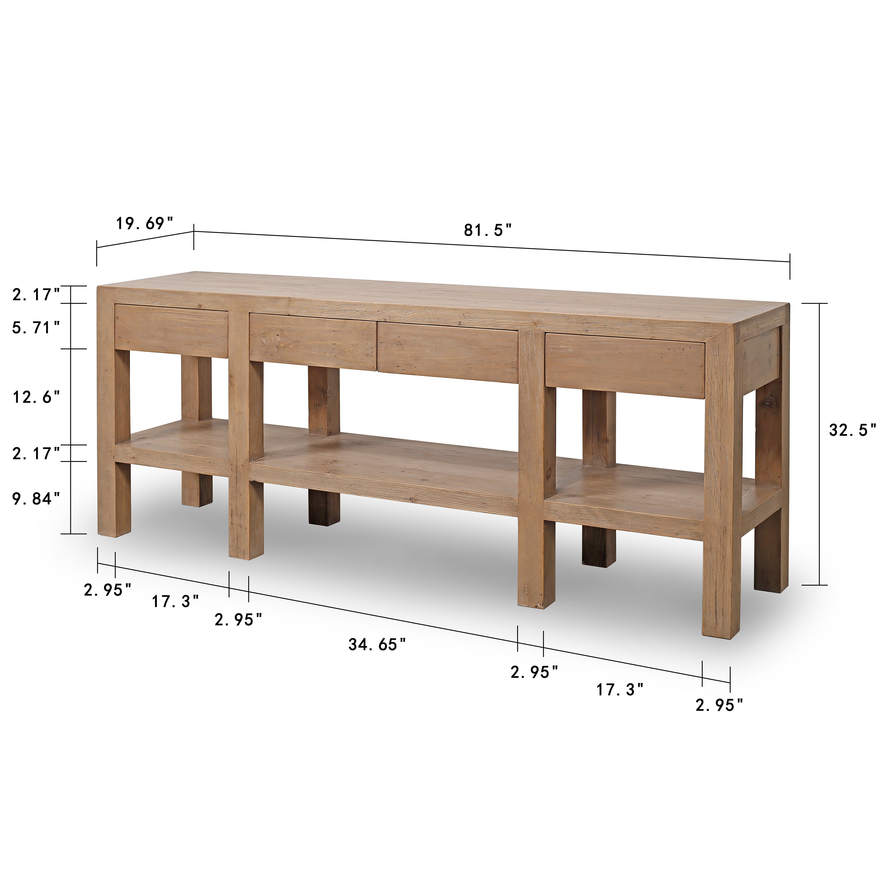Capri Console Table in Natural Pine Wood - Stylish 4 Drawer Design for