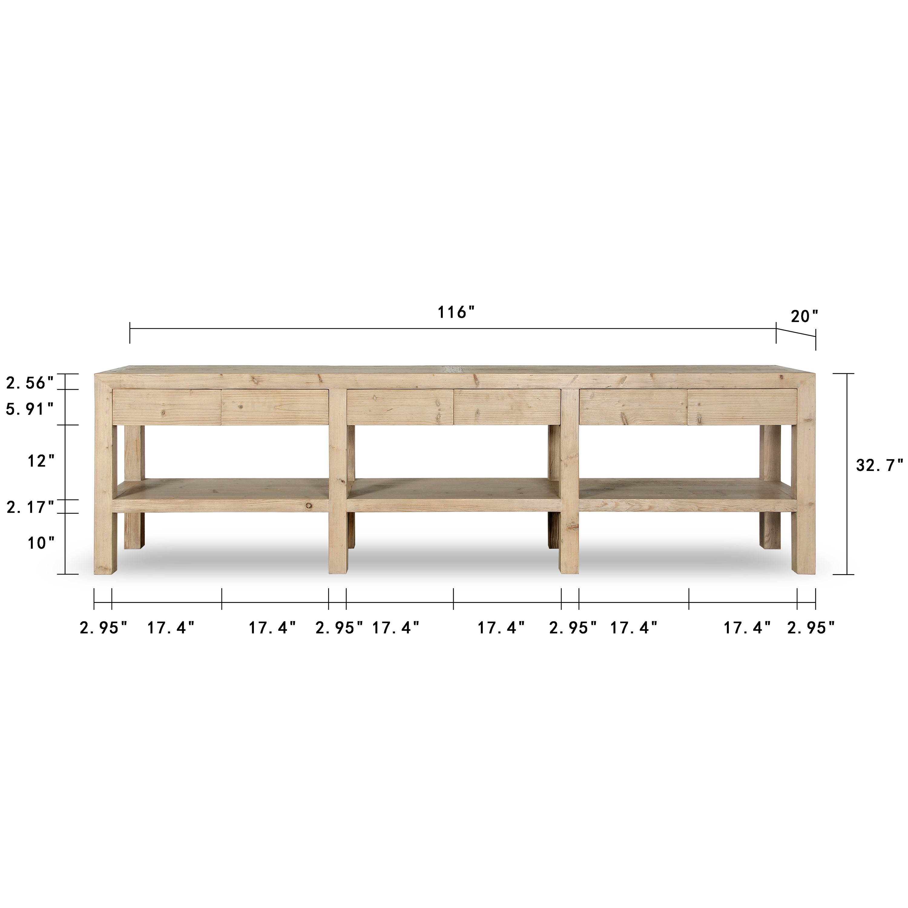 Capri Console Table with 6 Hidden Drawers - Elegant Natural Pine Wood