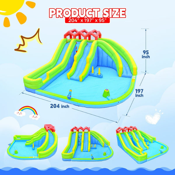 English Elm 7 in 1 Inflatable Backyard Water Park with Triple Slides Climbing Wall and Sprinkler W1677P247457