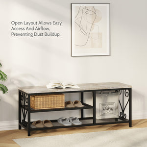 English Elm Vividwood Industrial Entryway Bench Rustic Wood Top Metal Frame Scrollwork Shoe Organizer Gray T5618P505965