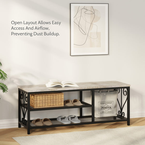 English Elm Vividwood Industrial Entryway Bench Rustic Wood Top Metal Frame Scrollwork Shoe Organizer Gray T5618P505965