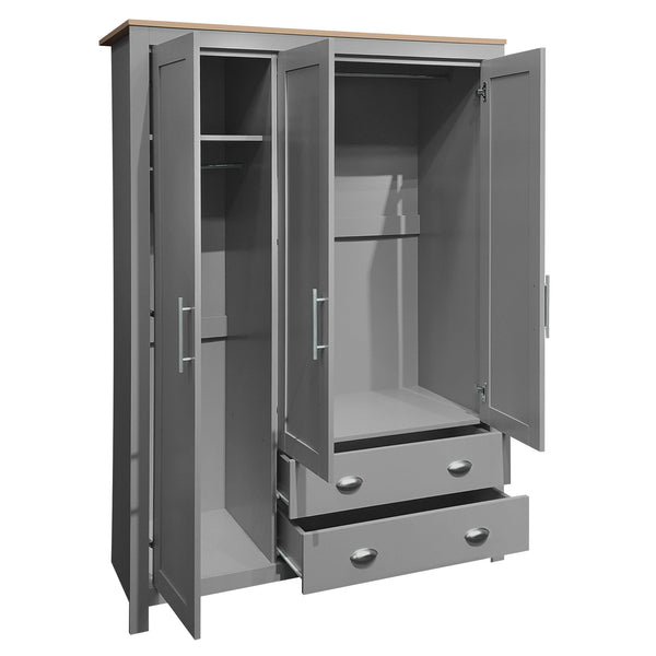 English Elm Three Door Pine Wardrobe with Two Drawers & Dual Hanging Rods, Gray Storage Armoire for Closet Organization, Sturdy MDF Build GX001834AAE