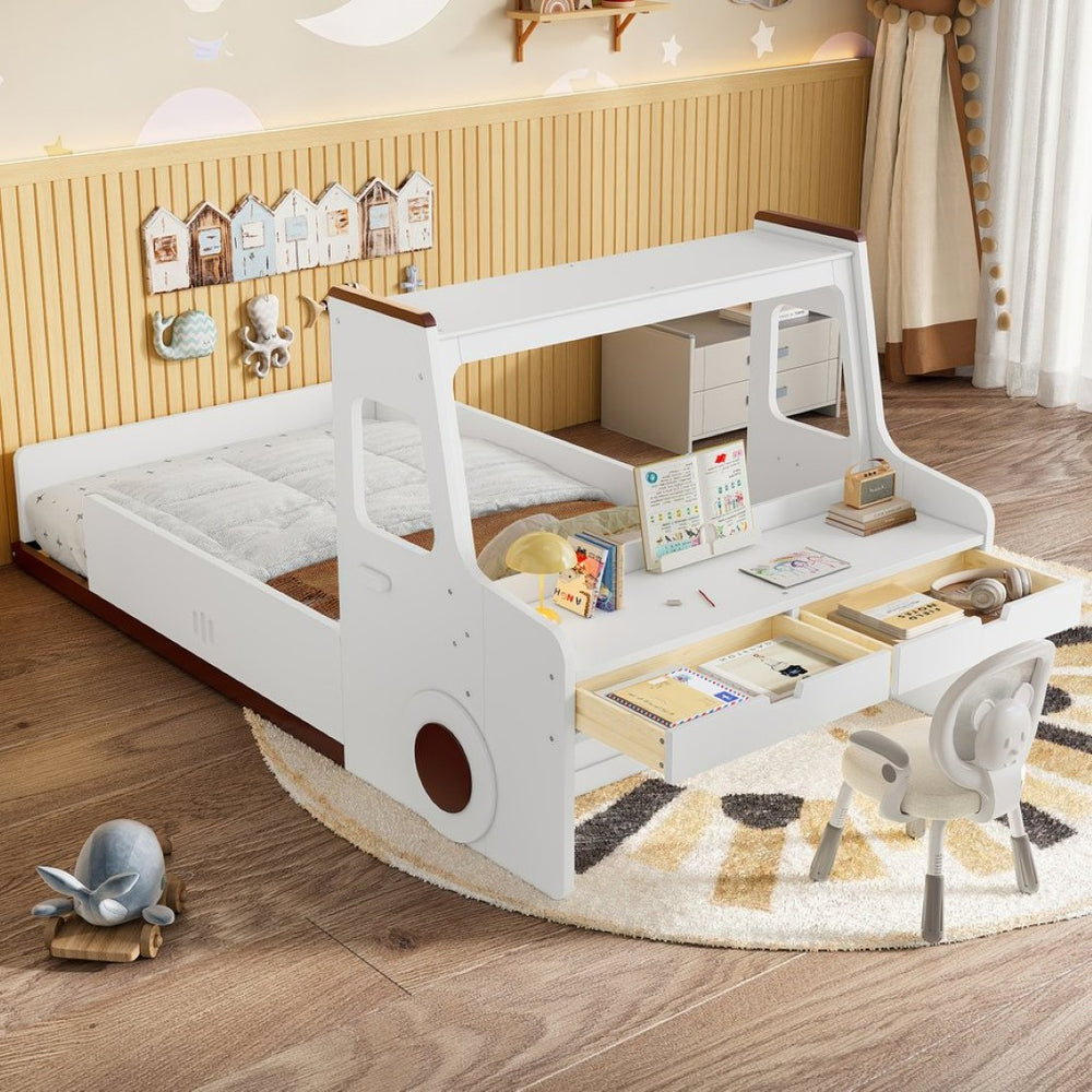 English Elm Twin Car Shaped Floor Bed with Storage Drawers and Built in Desk for Kids W1580P396323