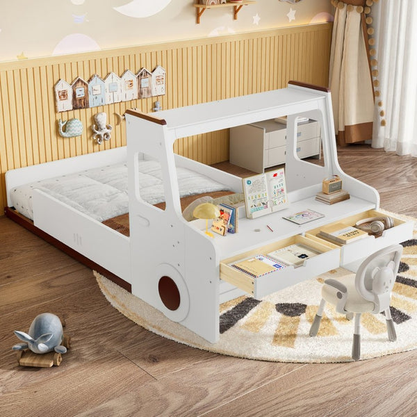 English Elm Twin Car Shaped Floor Bed with Storage Drawers and Built in Desk for Kids W1580P396323